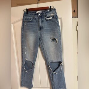 Distressed High-Rise Cropped Jeans in Light Blue